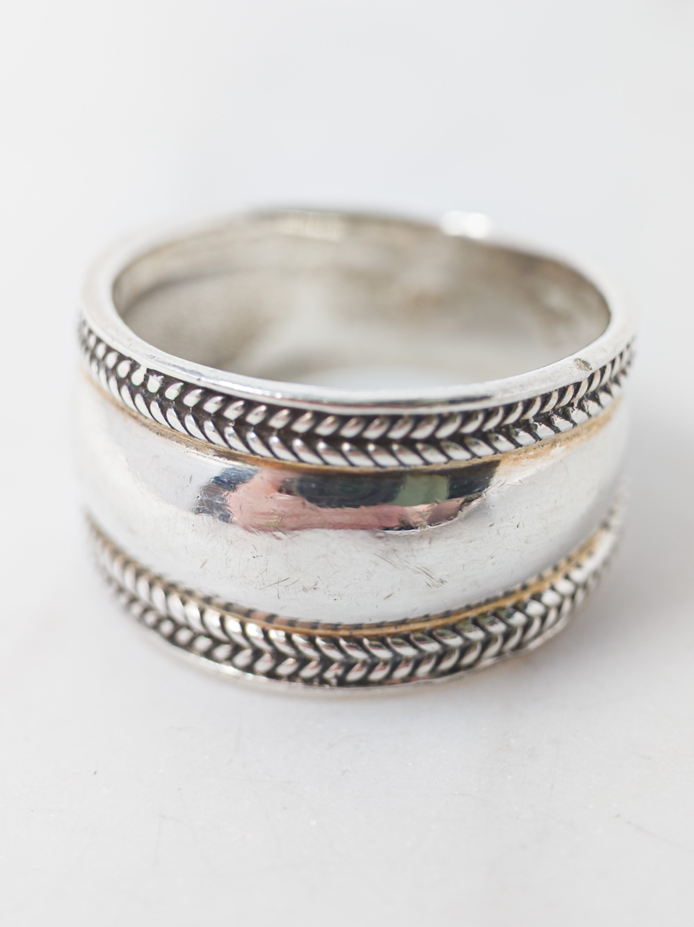 Thailand 925 Sterling Silver Wide Band Ring with Braided Edges, Size 8